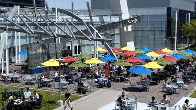 Google employees gather for lunch in the company's main courtyard in Mountain View, California.
