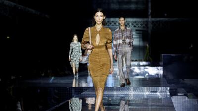 Bella Hadid presents a creation during the Burberry show in London Fashion Week on February 17, 2020. Reuters