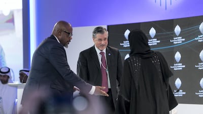 Adnan Amin, IRENA Director General, moderates the "Women and Youth: The Catalyst to Solve Global Challenges" session, with speakers: UAE Minister of Community Development Hessa bint Essa Bu Humaid and American actor Forest Whitaker, UNESCO special envoy for peace and reconciliation. Reem Mohammed / The National
