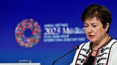 Kristalina Georgieva, managing director of the International Monetary Fund, addressing the press briefing in Marrakesh on Thursday. EPA