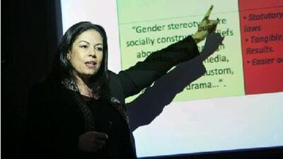 Dr Khadija Moalla of the United Nations Development Programme gives a lecture on the rights of women affected by HIV at the Dubai School of Government yesterday.