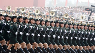 Soldiers of People's Liberation Army march in formation during the military parade marking the 70th founding anniversary of People's Republic of China in Beijing. Reuters