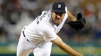 Detroit's Justin Verlander throws a pitch against Oakland in game one of their playoff series.