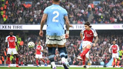 Riccardo Calafiori scores for Arsenal to make it 1-1. Getty Images