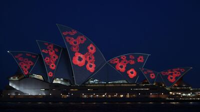 Poppies are seen projected onto the Sydney Opera House in observance of Remembrance Day, commemorating the signing of the peace agreement that ended the first World War and honouring those who served, in Sydney, Australia. Reuters