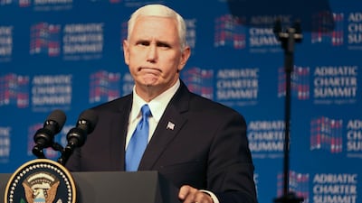 US vice president Mike Pence addresses a summit in Podgorica, Montenegro on August 2, 2017. He has reacted angrily to reports that he was planning to stand for president in the 2020 election. Visar Kryeziu / AP Photo