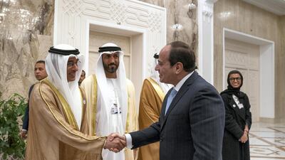 Abdel Fattah El Sisi, President of Egypt (3rd L) greets Mohamed Alabbar, founder and chairman of Emaar Properties and board member of Eagle Hills (L), at Heliopolis Palace, during an official visit. They are seen with Mohamed Mubarak Al Mazrouei, Undersecretary of the Crown Prince Court of Abu Dhabi (2nd L) and Noura Mohamed Al Kaabi, UAE Minister of Culture and Knowledge Development (R). Mohamed Al Hammadi / Crown Prince Court - Abu Dhabi