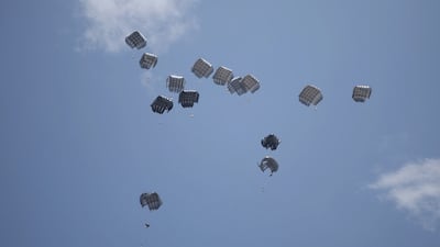 In cooperation with Jordan, the UAE has carried out dozens of humanitarian aid airdrops over the Gaza Strip. Photo: Wam