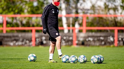 Slavia Prague fitness coach Martin Trasak during a training session in Czech Republic on Monday. EPA