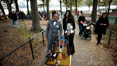 A man and a woman with their dogs in an Addams Family costume. AFP