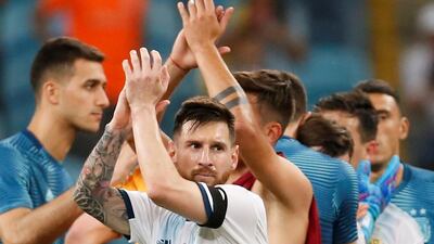 Argentina's Lionel Messi applauds fans after the 2-0 victory over Qatar to seal second spot in Group B at the 2019 Copa America and a quarter-final against Venezuela on Friday. Reuters
