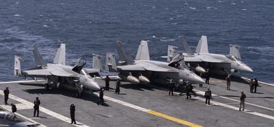 US Navy F-18 Super Hornets on the flight deck of the USS Aircraft Carrier Nimitz during a South Korea and US combined maritime exercise off the coast of Busan, South Korea. Bloomberg