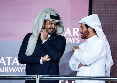 Mohammed ben Sulayem, right, meets with Sheikh Joaan bin Hamad Al Thani, president of the Qatar Olympic Committee, during the 2024 Qatar Grand Prix.