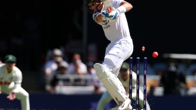 England's Ollie Pope chops on to his own stumps. AFP