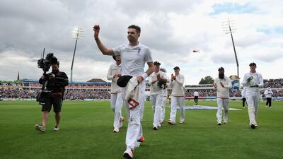 James Anderson of England salutes the crowd as he leaves the field after taking six wickets during Day 1 of the third Ashes Test match between England and Australia at Edgbaston on July 29, 2015 in Birmingham, United Kingdom. (Photo by Gareth Copley/Getty Images)