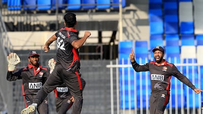 Junaid Siddique celebrates after dismissing Steven Taylor of USA. Satish Kumar/ For The National