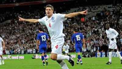 Steven Gerrard, of England, celebrates after scoring the second goal against Croatia.