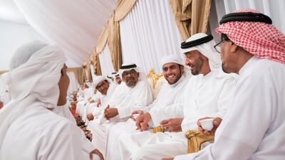Sheikh Mohamed bin Zayed offers condolences to the family of martyr Warrant Officer Saleh Hassan Saleh bin Amro. Hamad Al Kaabi / Ministry of Presidential Affairs