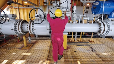 A worker at the oil and gas platform at Miubarek field off the coast of Sharjah. Jeff Topping / The National