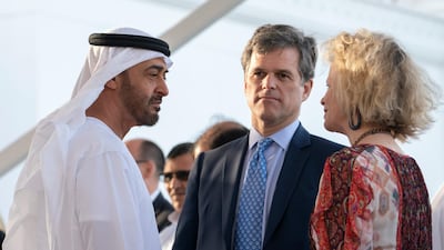 Sheikh Mohamed bin Zayed, Crown Prince of Abu Dhabi and Deputy Supreme Commander of the Armed Forces, receives Timothy Shriver, Chairman of the Special Olympics, centre, during a Sea Palace barza. All photos by Ministry of Presidential Affairs
