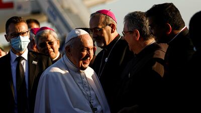 Pope Francis is greeted at Larnaca International Airport. Reuters