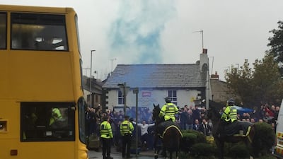 Police on horseback marshal football fans ahead of the Blackburn v Burnley match. Courtesy: Andy Mitten