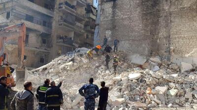 A collapsed building in the northern city of Aleppo, Syria. According to Syria's news agency Sana, 11 people were killed when a five-story building collapsed in Saladin neighborhood in Aleppo. EPA