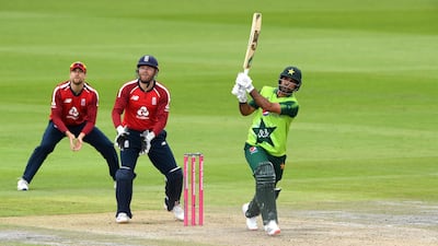 Pakistan batsman Fakhar Zaman hits a six on his way to 36. Getty