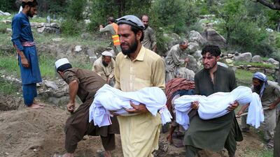 Bearers take the deceased to a funeral ceremony after earthquakes at Mazar Dara village in Nurgal district, eastern Afghanistan. AFP