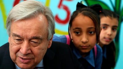 United Nations Secretary General Antonio Guterres visits a United nations Relief and Works Agency's (UNRWA, UN agency for Palestinian refugees) school, in the Baqa'a Palestinian refugee camp, near Amman on April 6, 2019. AFP