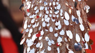 A close up of Maya Hawke's mermaid-like Versace gown. Getty Images