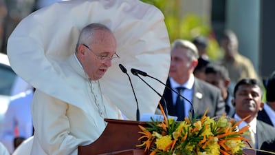 Pope Francis delivers a speech at Sri Lanka's Colombo airport on January 13. Ettore Ferrari/EPA