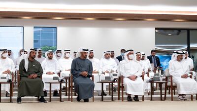 From left, Sheikh Hamdan bin Zayed, Ruler’s Representative in Al Dhafra Region, Sheikh Mohamed bin Zayed, Crown Prince of Abu Dhabi and Deputy Supreme Commander of the Armed Forces, Sheikh Saif bin Zayed, Deputy Prime Minister and Minister of Interior, and Sheikh Saeed bin Hamdan, Commander of the UAE Naval Forces, attend the lecture. Mohamed Al Hammadi / Ministry of Presidential Affairs