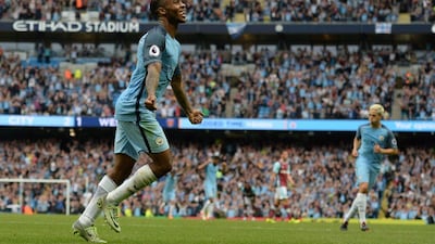 Raheem Sterling celebrates scoring his second and Manchester City’s third goal. Oli Scarff / AFP