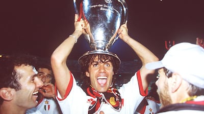 AC Milan's Paolo Maldini with the 1994 Champions League trophy after defeating Barcelona in the final in Athens. Getty