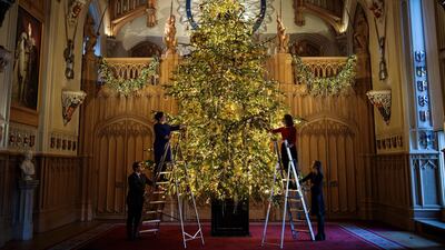Employees pose with a 20ft Nordmann Fir tree from Windsor Great Park in St George's Hall which has been decorated for the Christmas period in Windsor Castle, England. Jack Taylor / Getty Images