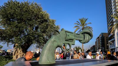 Knotted Pistol is unveiled on October 2: the birthday of Mahatma Ghandi is considered to be the international day of non-violence. Photo / EPA