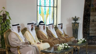From left: Juma Al Junaibi, UAE Ambassador to Egypt; Mohamed Mubarak Al Mazrouei, Undersecretary of the Crown Prince Court of Abu Dhabi; Ali Mohamed Hammad Al Shamsi, Deputy Secretary-General of the UAE Supreme National Security Council; Dr Gargash; and Sheikh Nahyan Bin Zayed Al Nahyan, Chairman of the Board of Trustees of Zayed bin Sultan Al Nahyan Charitable and Humanitarian Foundation attend a meeting with Mr. El Sisi at the Heliopolis Palace. Mohamed Al Hammadi / Crown Prince Court - Abu Dhabi