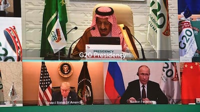 Leaders listen to the opening remarks of King Salman of Saudi Arabia at this year's G20. AFP