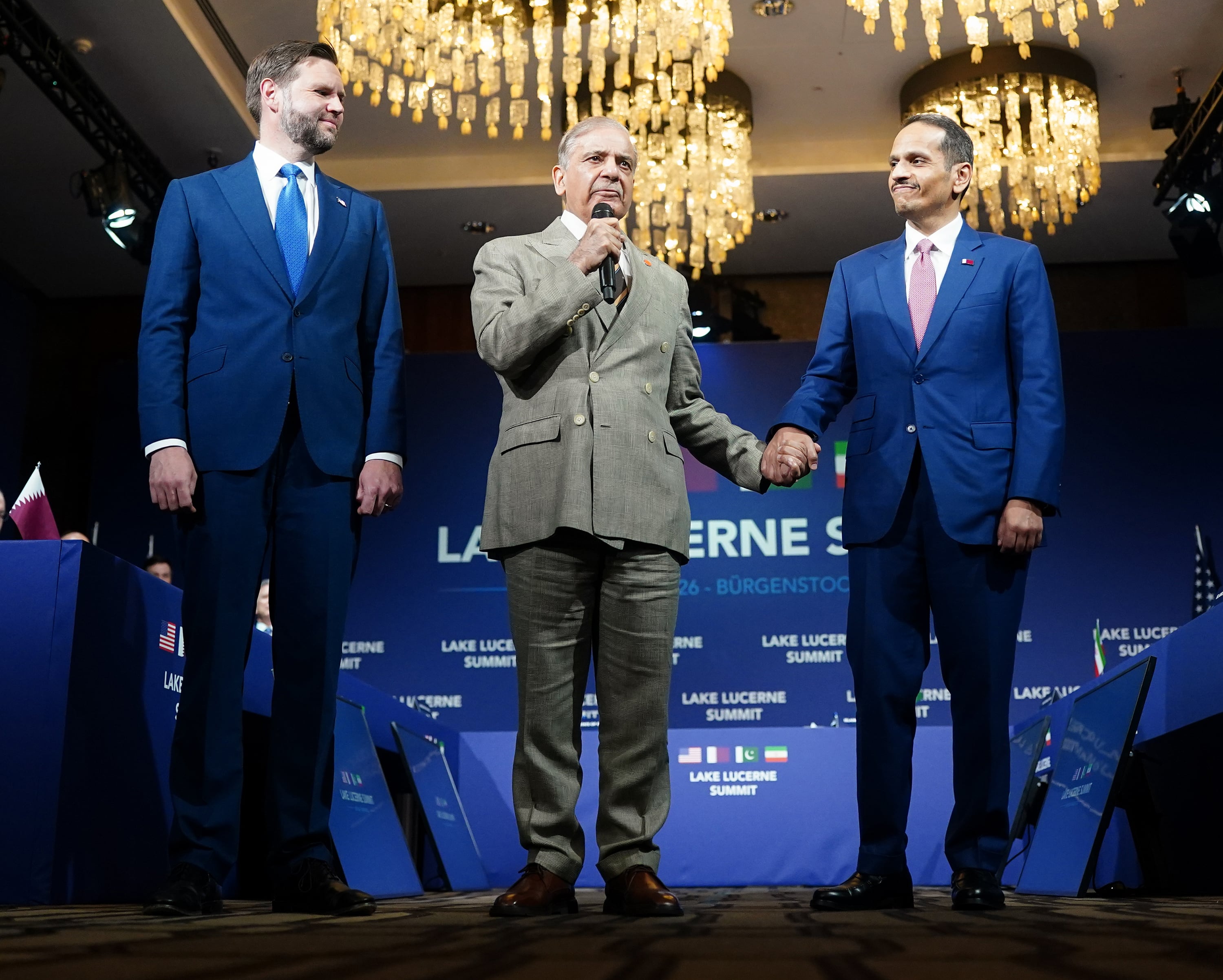 JD Vance looks on as Pakistan's Prime Minister Shehbaz Sharif speaks while holding the hand of Sheikh Mohammed bin Abdulrahman, Qatar’s Prime Minister and Minister of Foreign Affairs. Getty images