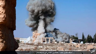 In 2017 ISIS released this picture of militants blowing up the 2,000-year-old temple of Baalshamin in Syria's ancient city of Palmyra. The new Getty fund is concerned to protect against actions such as these. / AP