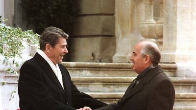 Reagan and Gorbachev meet for the first time before summit talks at the villa Fleur D'Eau at Versoix near Geneva, Switzerland, on November 19, 1985. AP