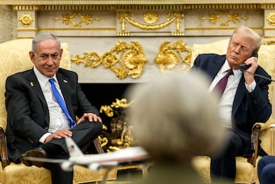 US President Donald Trump hosts a trilateral call with Israel's Prime Minister Benjamin Netanyahu and Qatar's Prime Minister Sheikh Mohammed bin Abdulrahman in the Oval Office. Photo: The White House / X