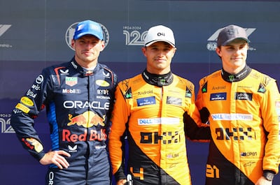 Max Verstappen, left, and Oscar Piastri, right, trail championship leader Lando Norris, centre, by 24 points in the title race. Getty Images