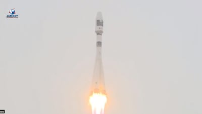 The Soyuz 2.1a rocket lifts off at 10.07am Gulf Standard Time. Roscosmos