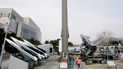 Displays of models of North Korea's Scud-B missile, center, and other South Korean missiles. North Korea appears to be gearing up to test-fire a long-range missile.