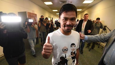 Filipino boxer Manny Pacquiao speaks to the media on arrival in Brisbane, Australia, April 24, 2017. Pacquiao is in Australia to promote his WBA Welterweight world title fight against Australian Jeff Horn in July. Dan Peled / EPA