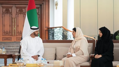 Sheikh Mohamed bin Zayed meets with Princess Reema Bint Bandar Bin Sultan Al Saud, Undersecretary of the General Sports Authority of Saudi Arabia, President of the Saudi Federation of Community Sports, center, and Reem Ibrahim Al Hashimi, UAE Minister of State for International Co-operation during a Sea Palace barza. Ryan Carter / Ministry of Presidential Affairs