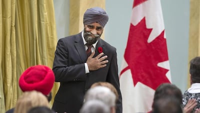 Defense minister Harjit Sajjan is sworn in to his new role in Ottawa on November 4, 2015. Justin Tang/The Canadian Press via AP