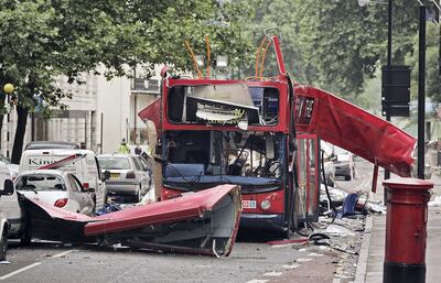 The bus destroyed by a bomb in Woburn Place on July 8, 2005 in London. Up to 50 people were killed and 700 injured during morning rush hour terrorist attacks yesterday. Getty Images